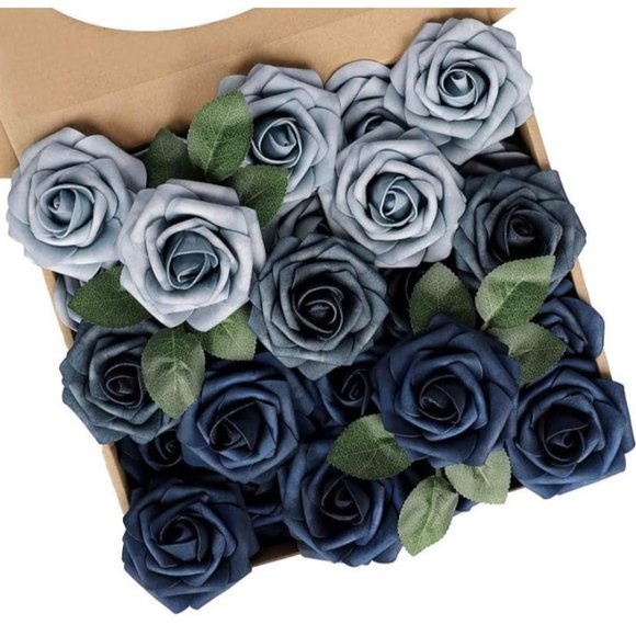 25 Count | Navy & Dusty Blue Roses Wedding Flowers Bouquet Centerpiece Decor - Picture 1 of 3